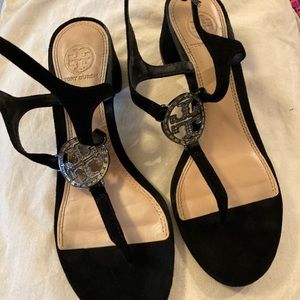 Tory Burch Black Suede and rhinestone crystal logo heels